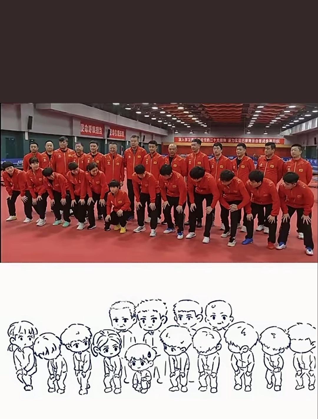 谁懂！一眼就锁定孙颖莎！原图和简笔画对照，全队合影里就莎莎这个蹲着的姿势最有辨