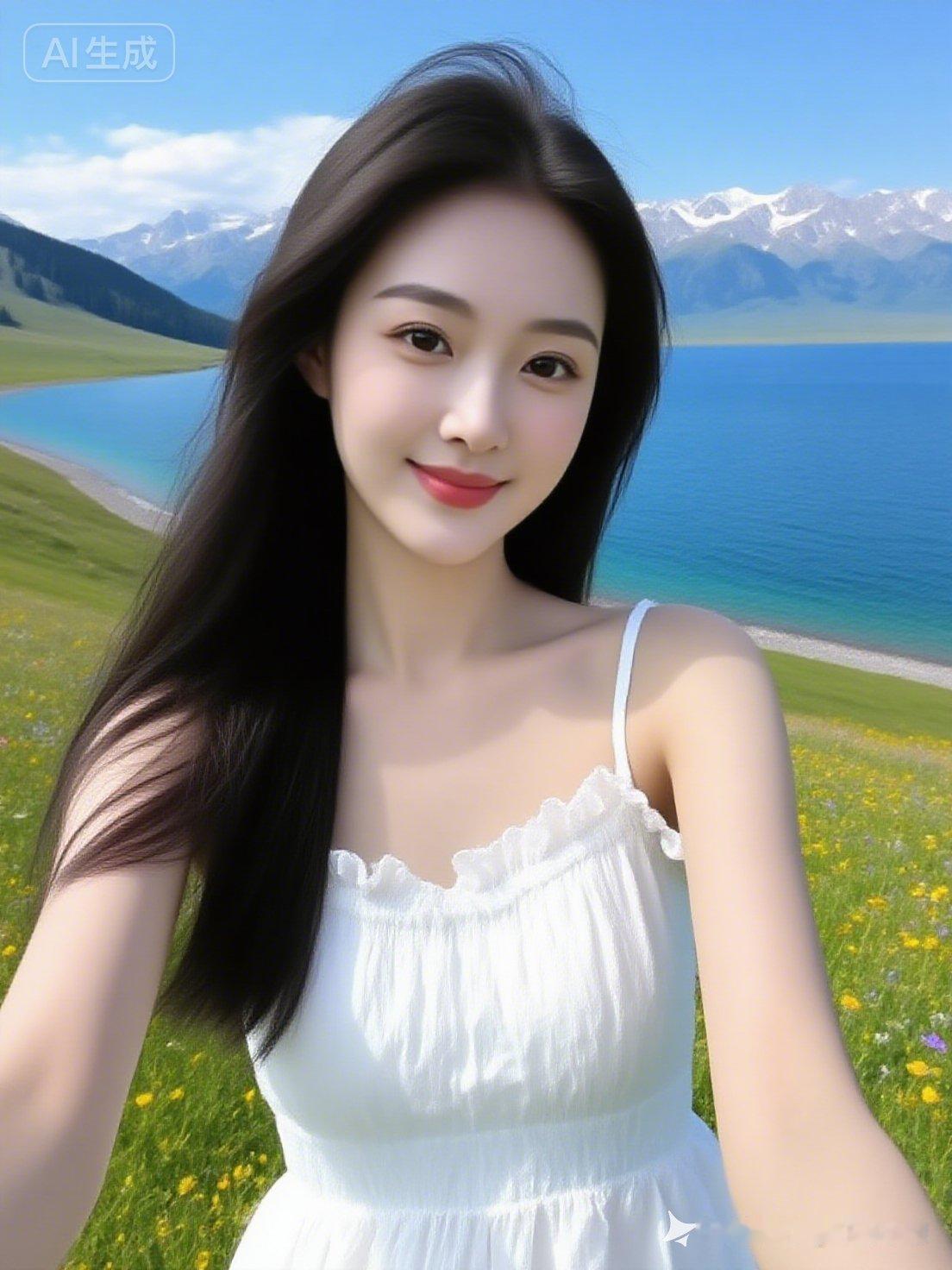 超高清实景拍摄，赛里木湖湛蓝如水晶，雪山映云，碧草黄花铺满栈道。长发美人着白色木