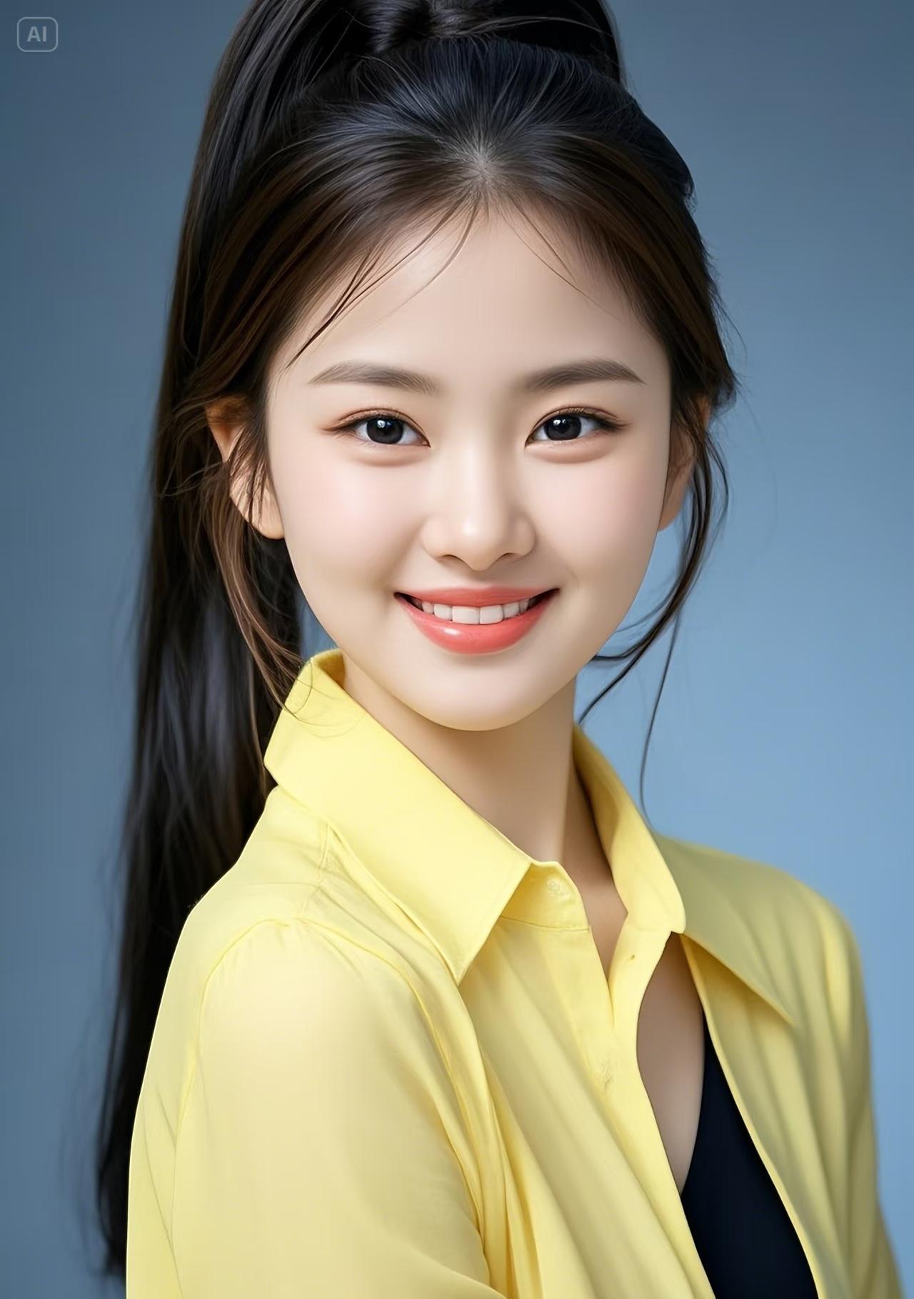 青纯少女，微笑绽放，黄色衬衫，活力满满！😊✨
