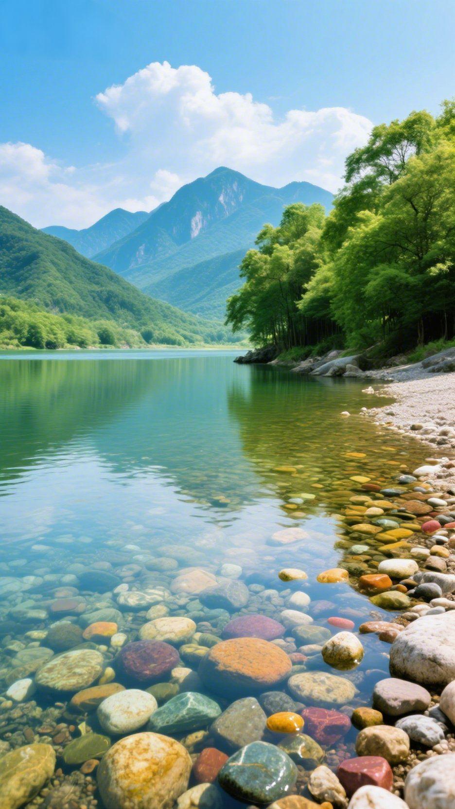 青山碧水，静享清宁风掠过层叠的山林，吹皱一汪澄澈的碧水。水面像浸饱了绿意的