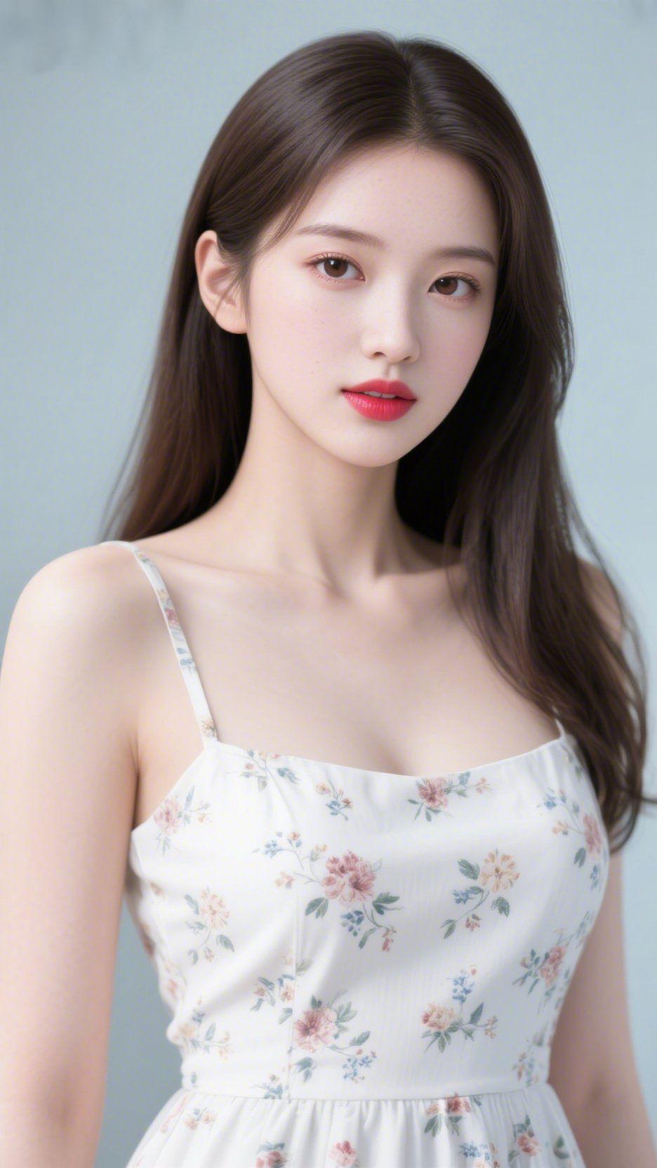 《碎花裙的柔雾闲》浅蓝背景浸着晨雾般的软，落在她身上的碎花吊带裙上——米白