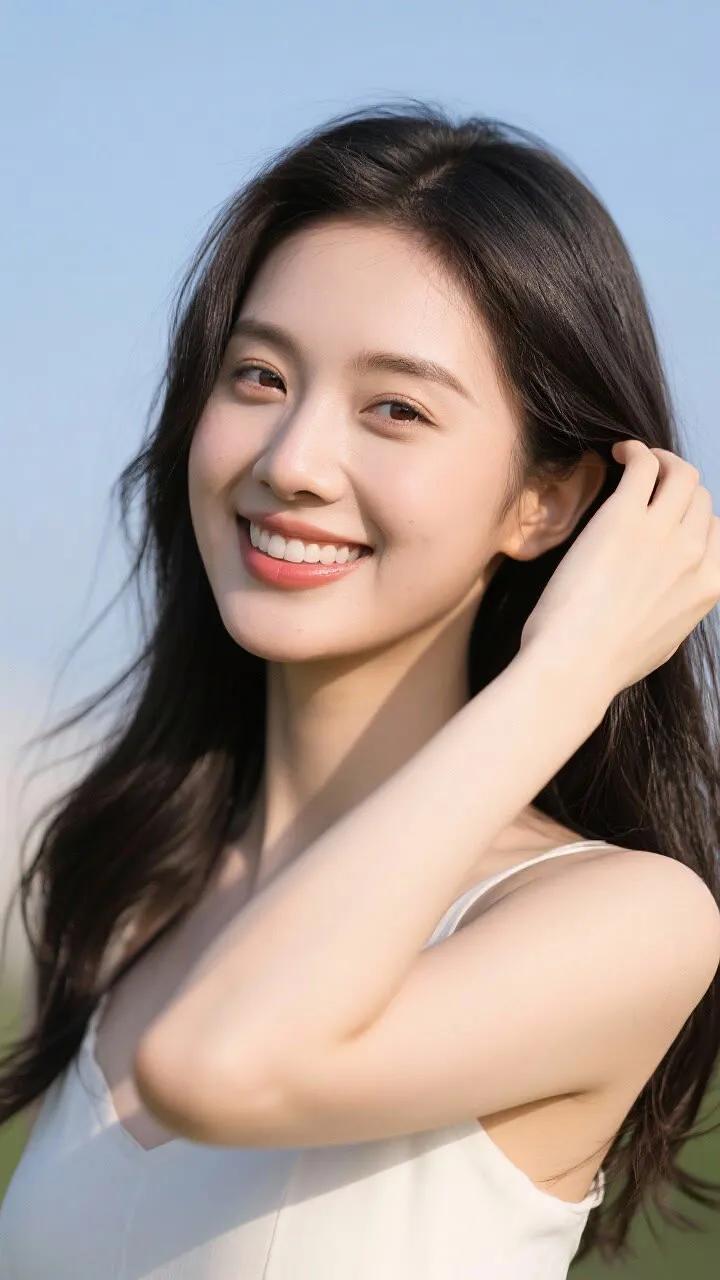 阳光明媚的午后，微笑的少女与微风轻拂的秀发，仿佛置身于梦幻般的童话世界。🌞💕