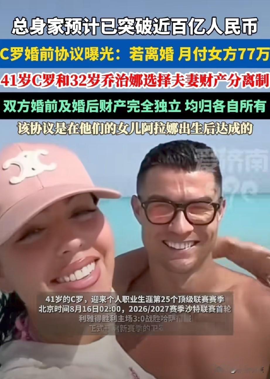 C罗婚前财产协议爆光：如两人感情破裂，乔治娜会获得每月约10万欧元的终身津贴，家