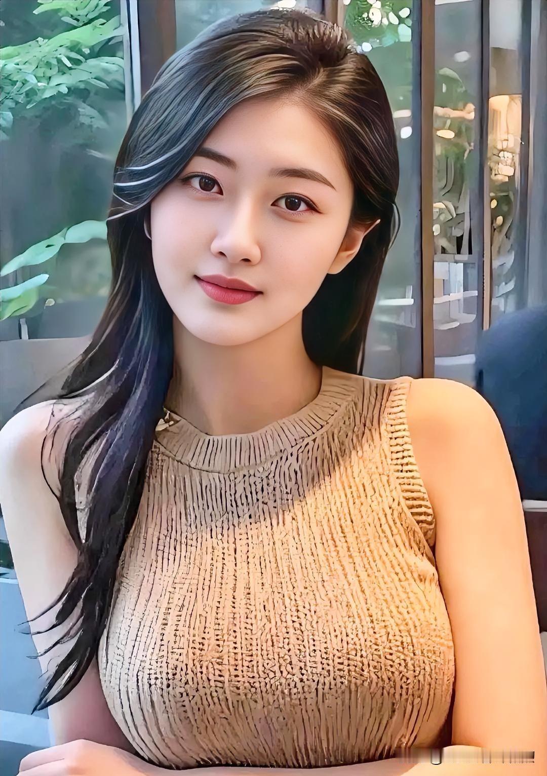 驼色针织背心温婉知性，长发披肩尽显柔美，光影交错间流露出从容优雅的静谧之美。