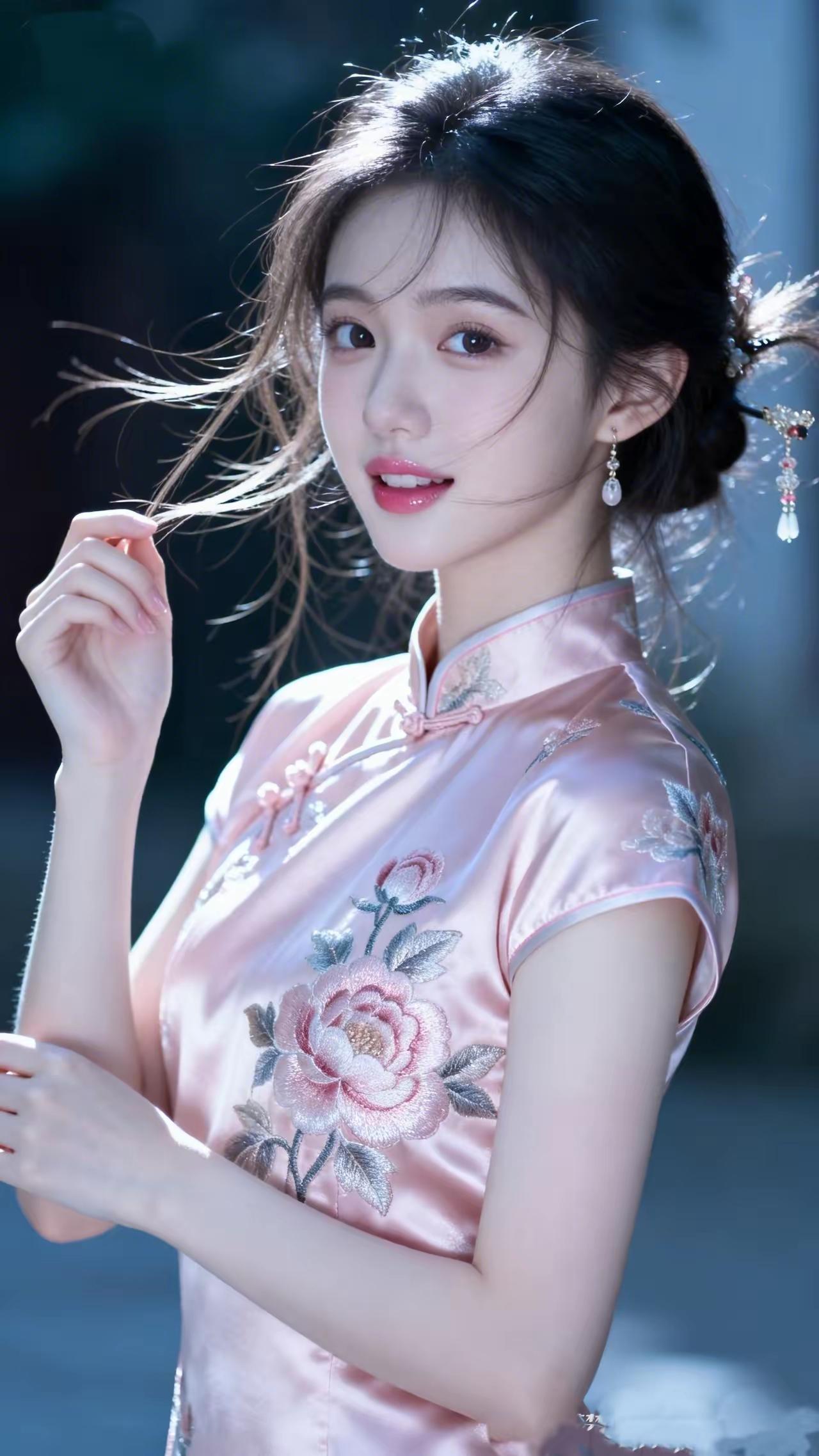 温柔古风少女，粉色旗袍，精致刺绣，优雅动人。