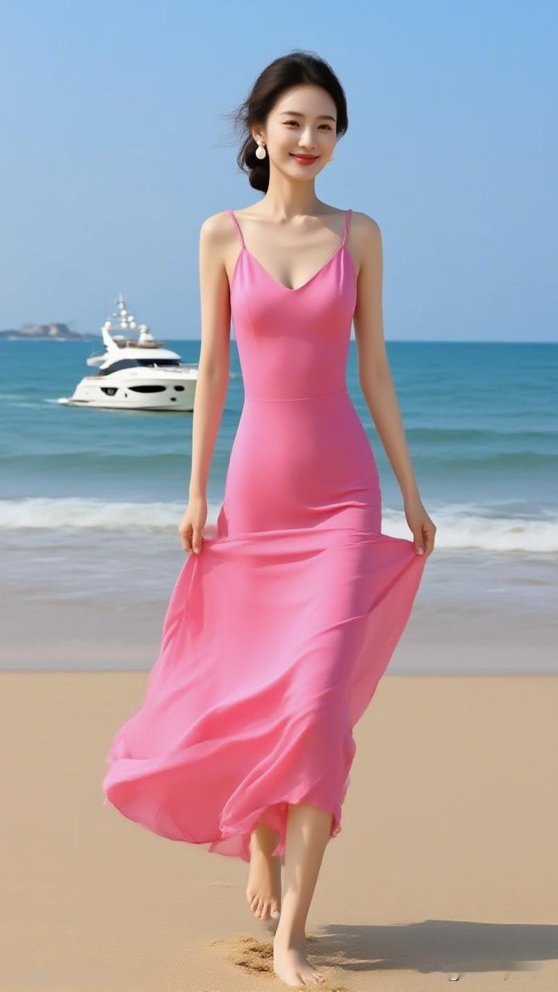 粉裙拂海风，笑语逐浪轻。谁有拍的很好的风景照分享一下夏日海滩穿搭指南：粉色连衣