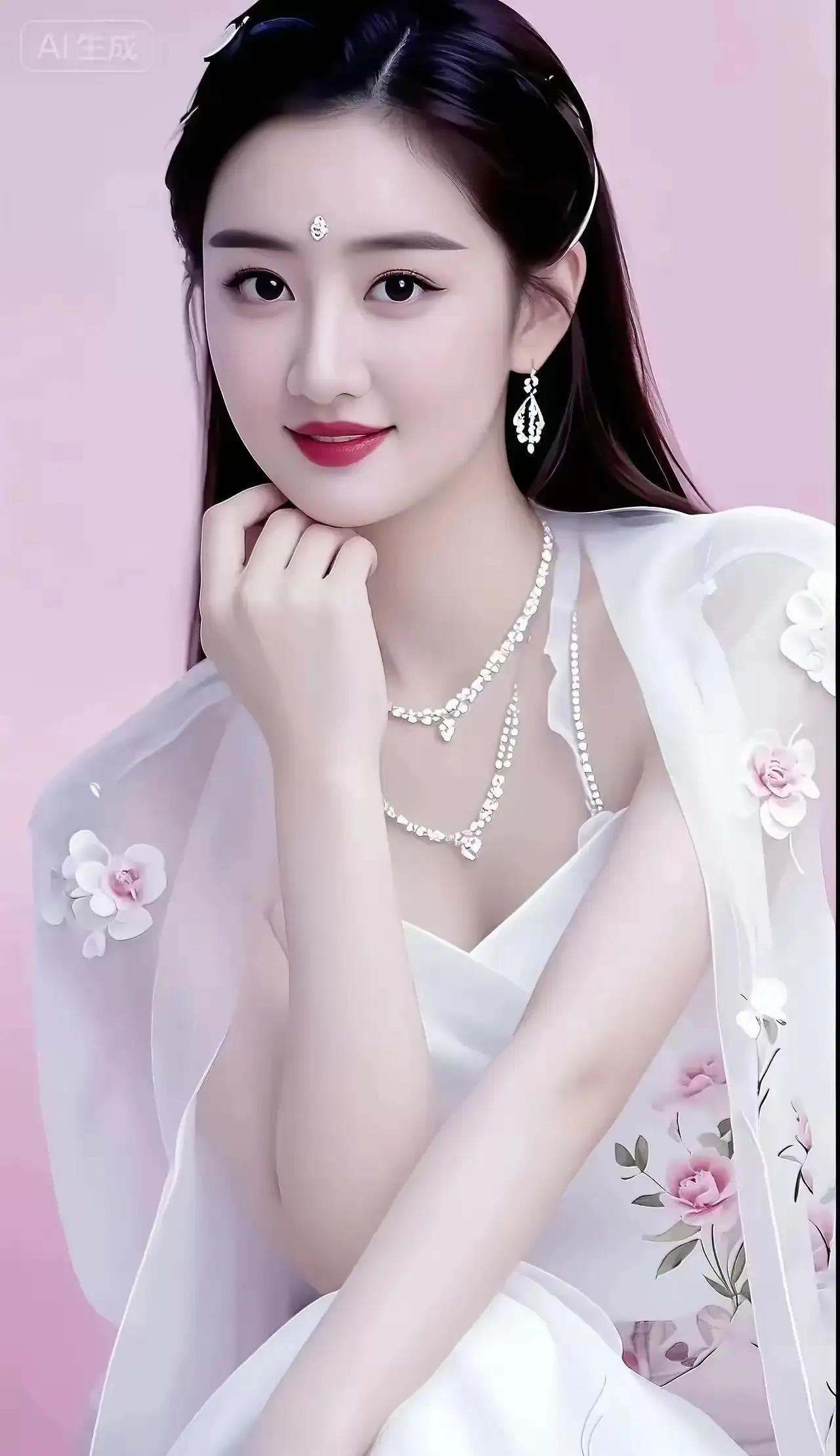 梦幻粉色背景下的优雅美人，珍珠项链与花朵装饰相得益彰，宛如童话中的公主。