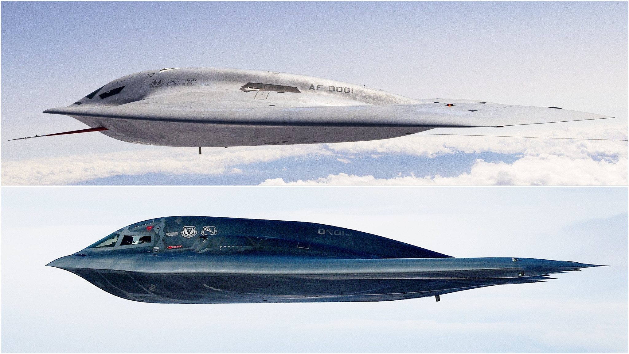 B-21与B-2的前俯角和侧视角对比。B-21相较于B-2，在驾驶舱、