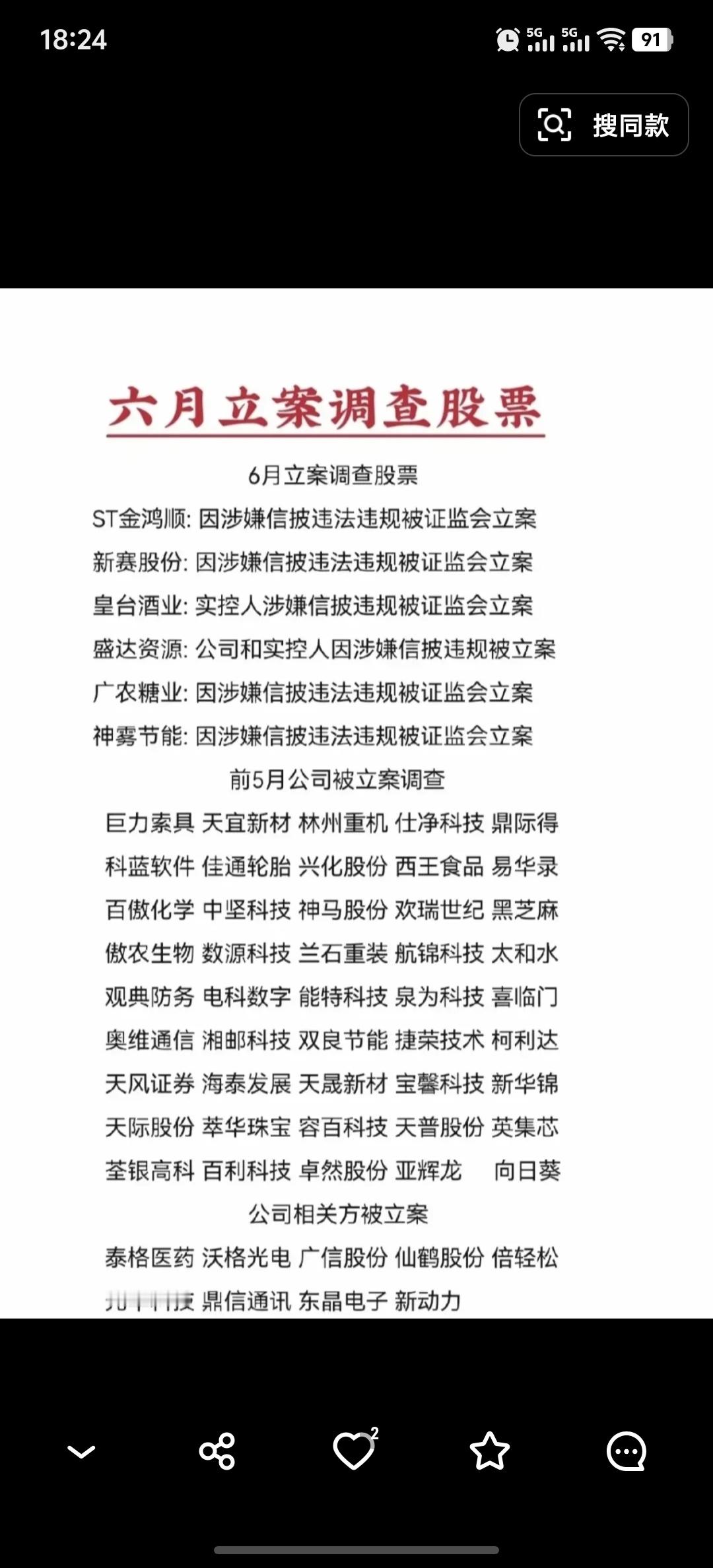 上半年被证监会立案调查的股票名单(或相关方)：