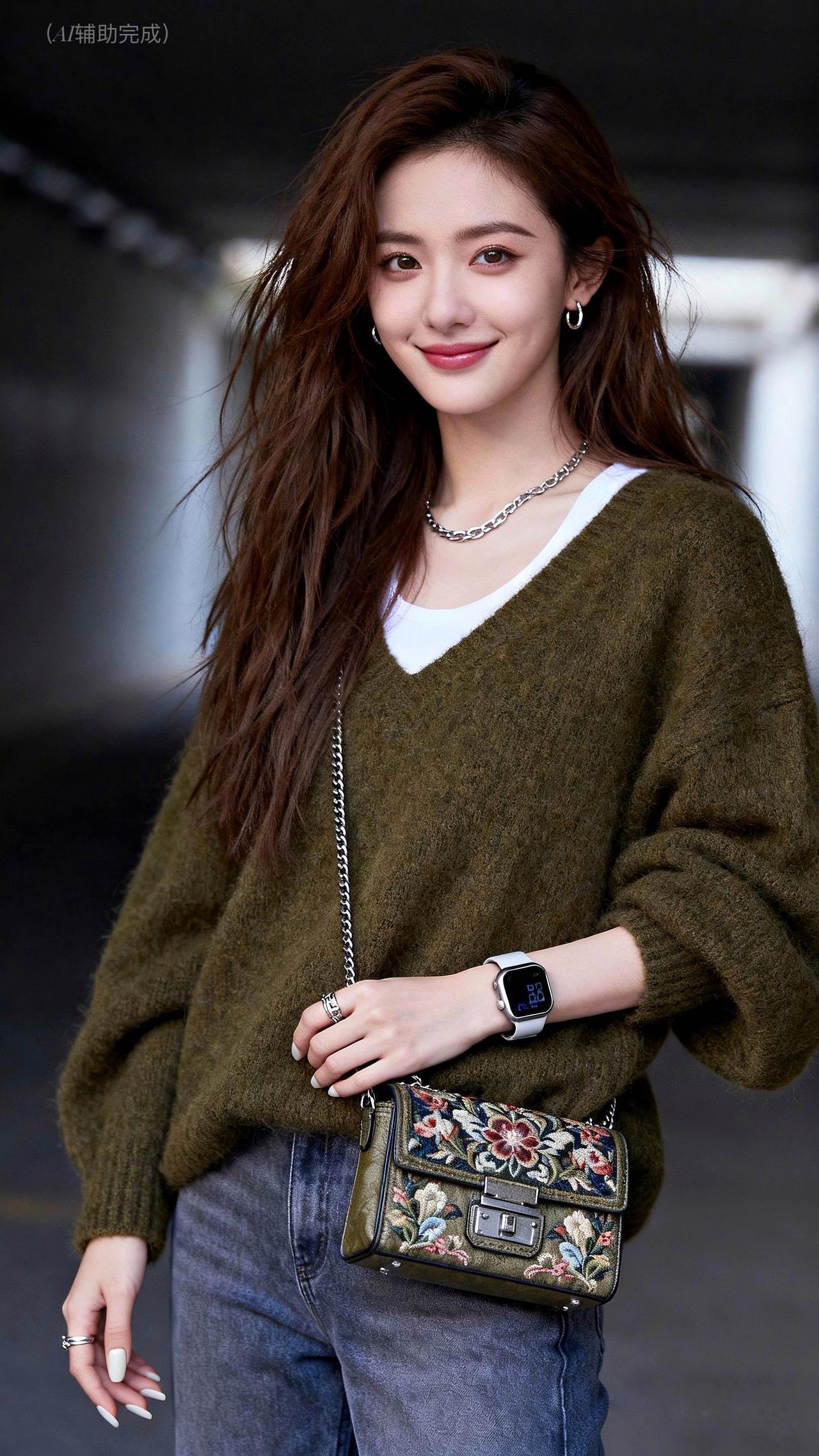棕发如绸随风扬，墨绿毛衣裹白衫，牛仔裤显利落。银链闪、繁花包缀雅，智能表添精致。