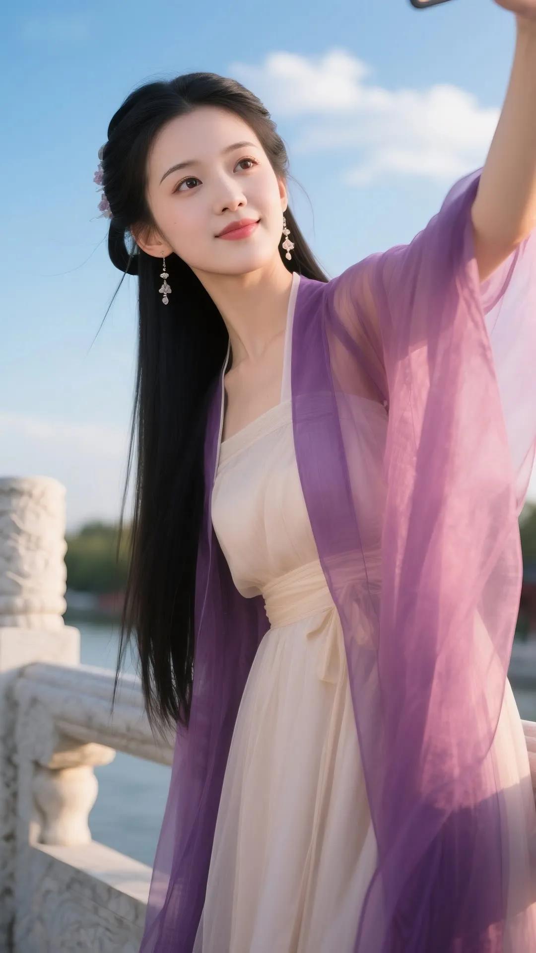 优雅古风少女，紫纱飘逸，河畔自拍，唯美如画