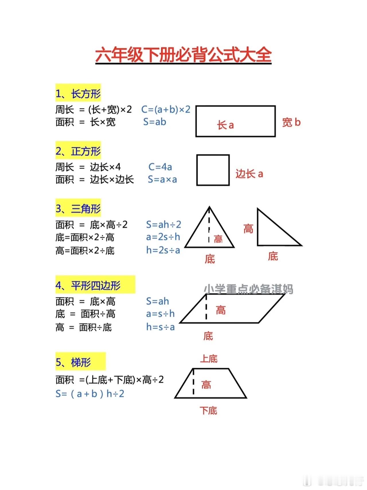 六年级下册数学重难点：图形计算公式汇总