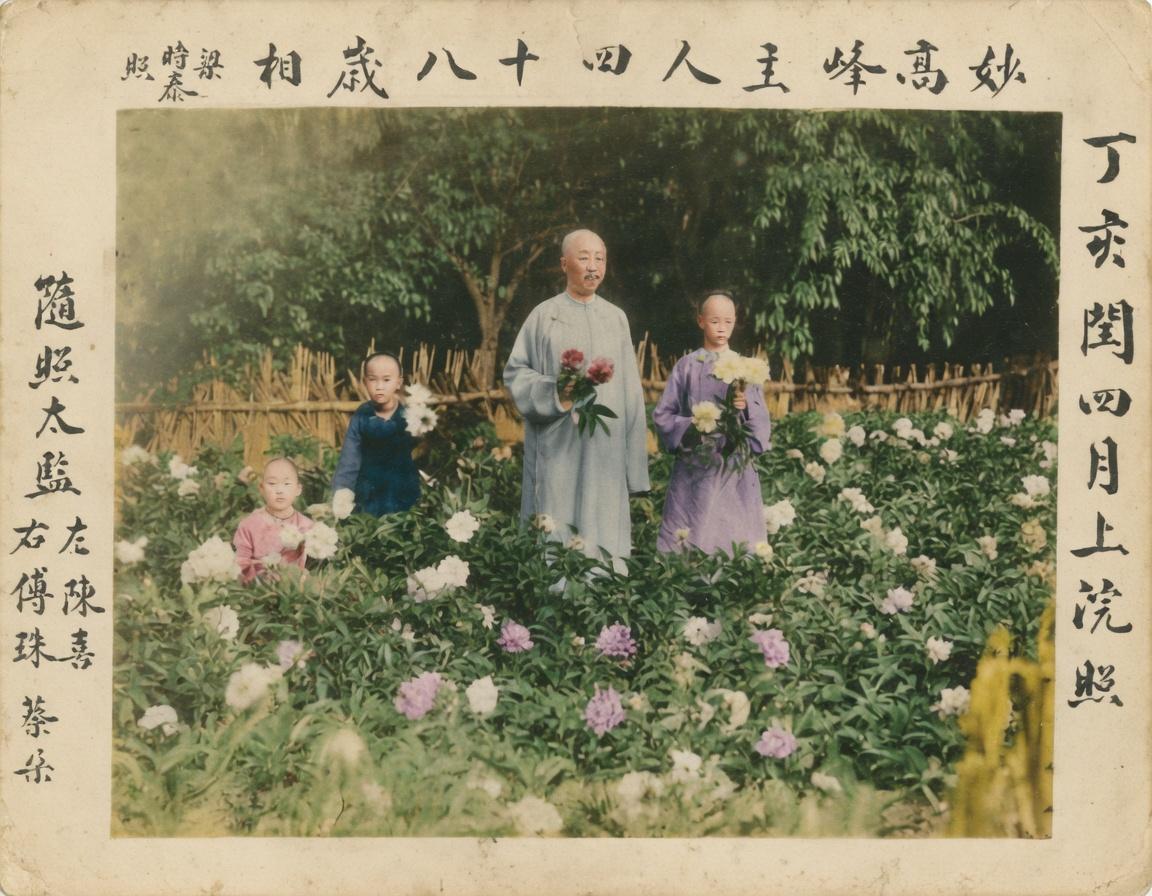 1887年，北京西山妙高峰，醇亲王奕譞48岁留影，左侧题字标注了随侍太监：左陈喜