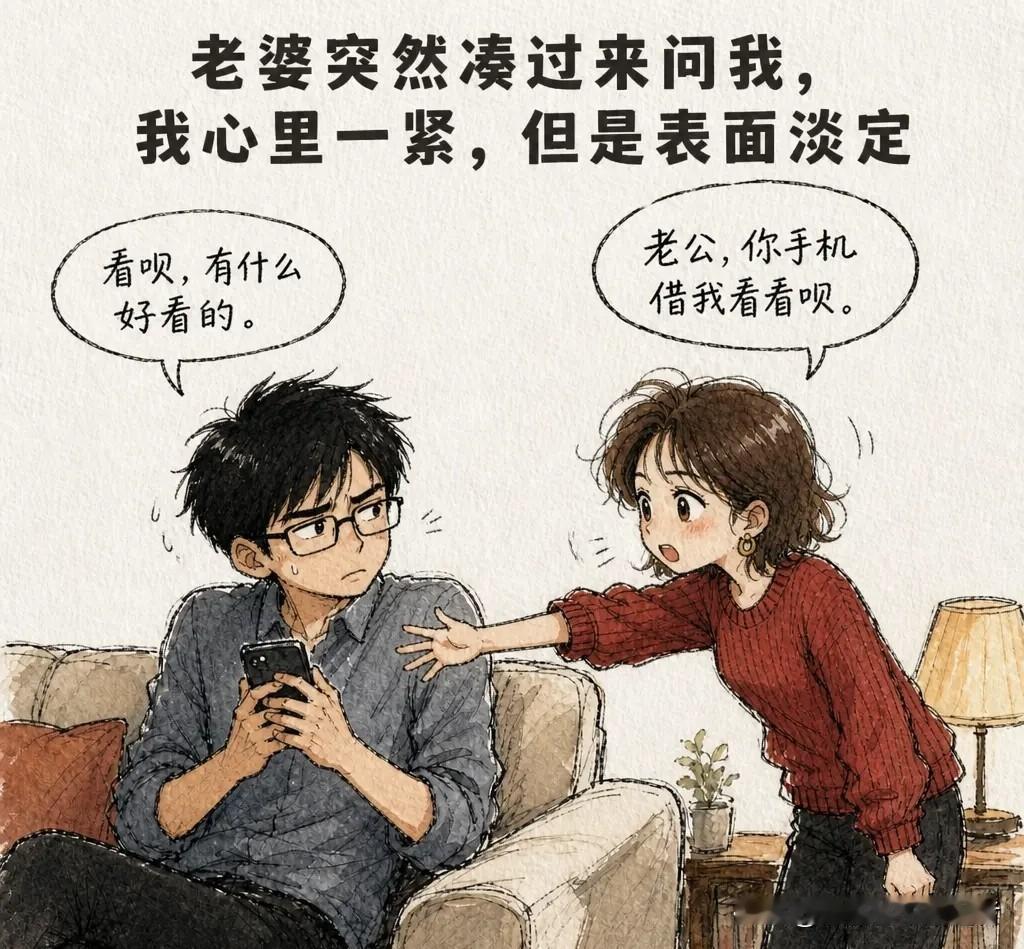 趣味漫画：老婆突然凑过来：“老公，你手机借我看看呗。”我心里一紧，但表面淡定：“