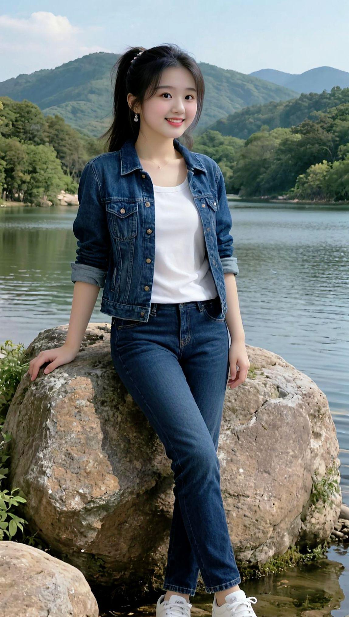 甜美微笑池塘晒太阳小姐姐特写自拍