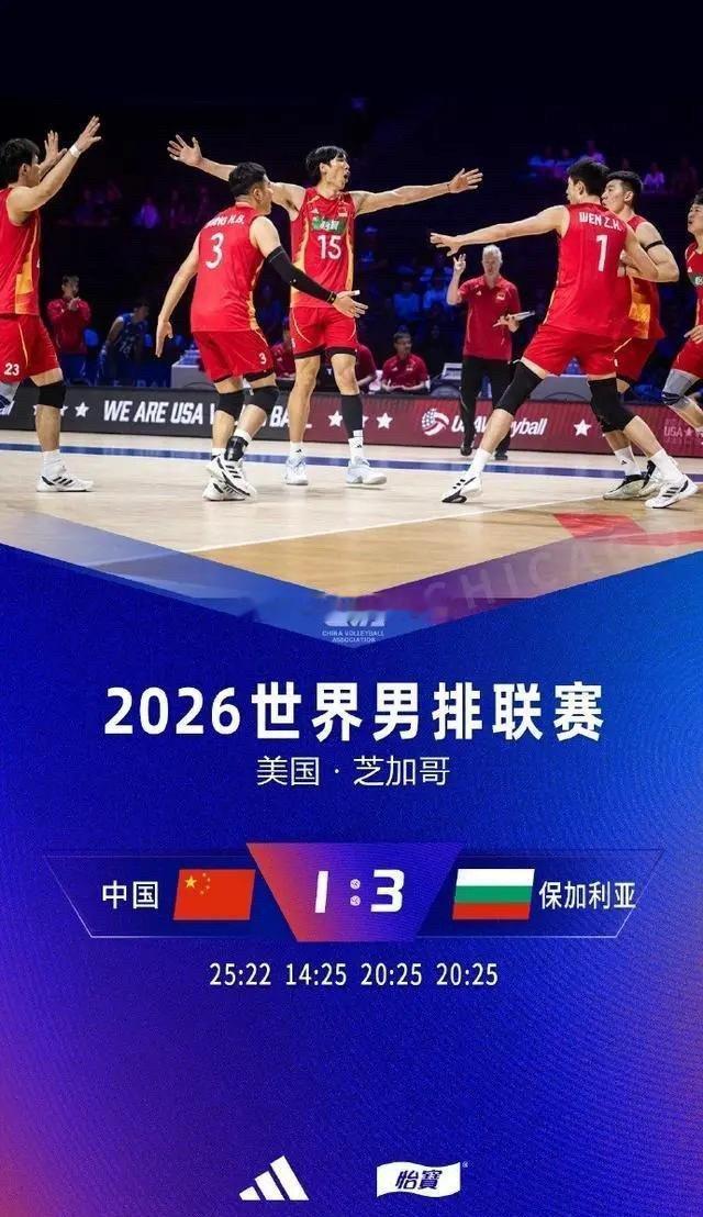 中国男排锁定倒一2026世界男排联赛美国站，中国男排1-3不敌保加利亚，1胜1