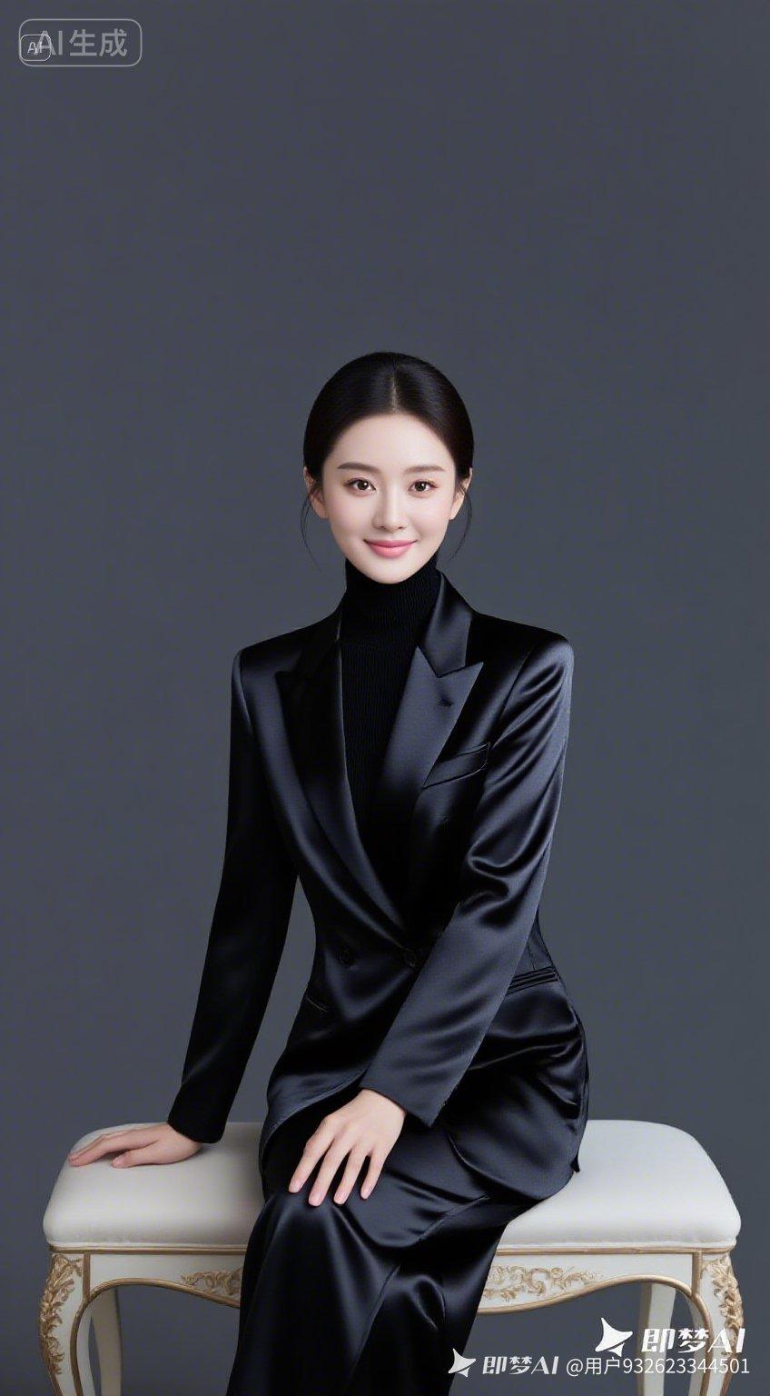 商务美人，黑发服帖利落低发髻，黑缎面驳领修身西装搭同色高领针织，淡粉豆沙唇。深灰