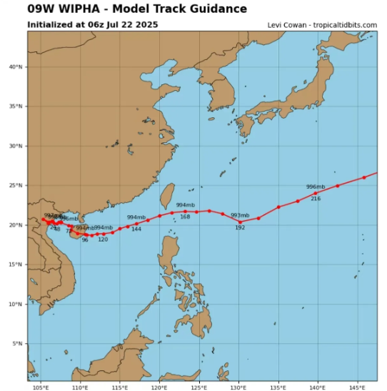根据最新的台风路径预测，台风韦帕很快就会在越南掉头杀向海南，并且将横穿整个海南