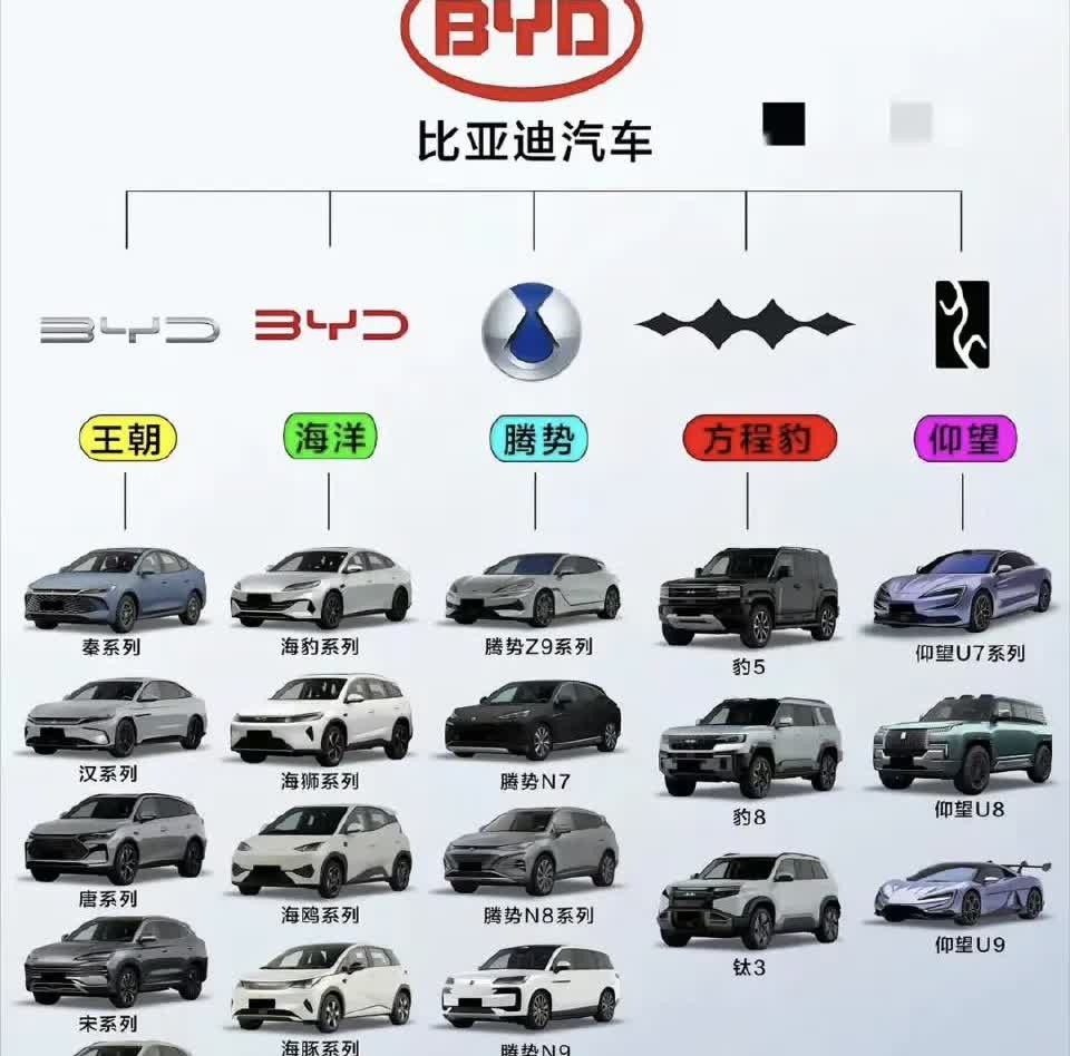 很多人不知道比亚迪到底有什么车型，这张图就可以很清晰地了解到比亚迪各个品牌的情况