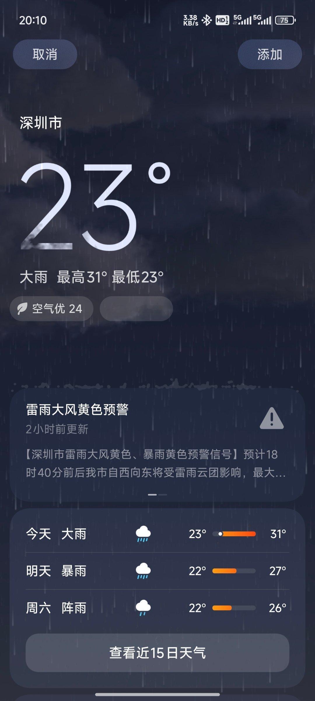 广州和深圳暴雨[捂脸哭]明天天气预报也是有暴雨大风预警，看车友发的有些地方有大雨积