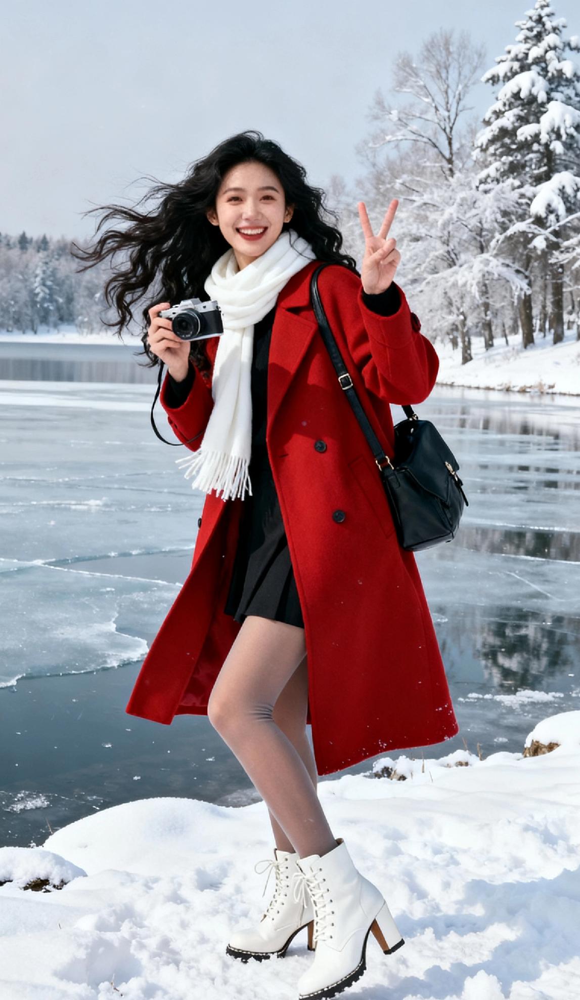 冬日雪景中的甜美女孩，红衣白靴，相机相伴，笑靥如花。
