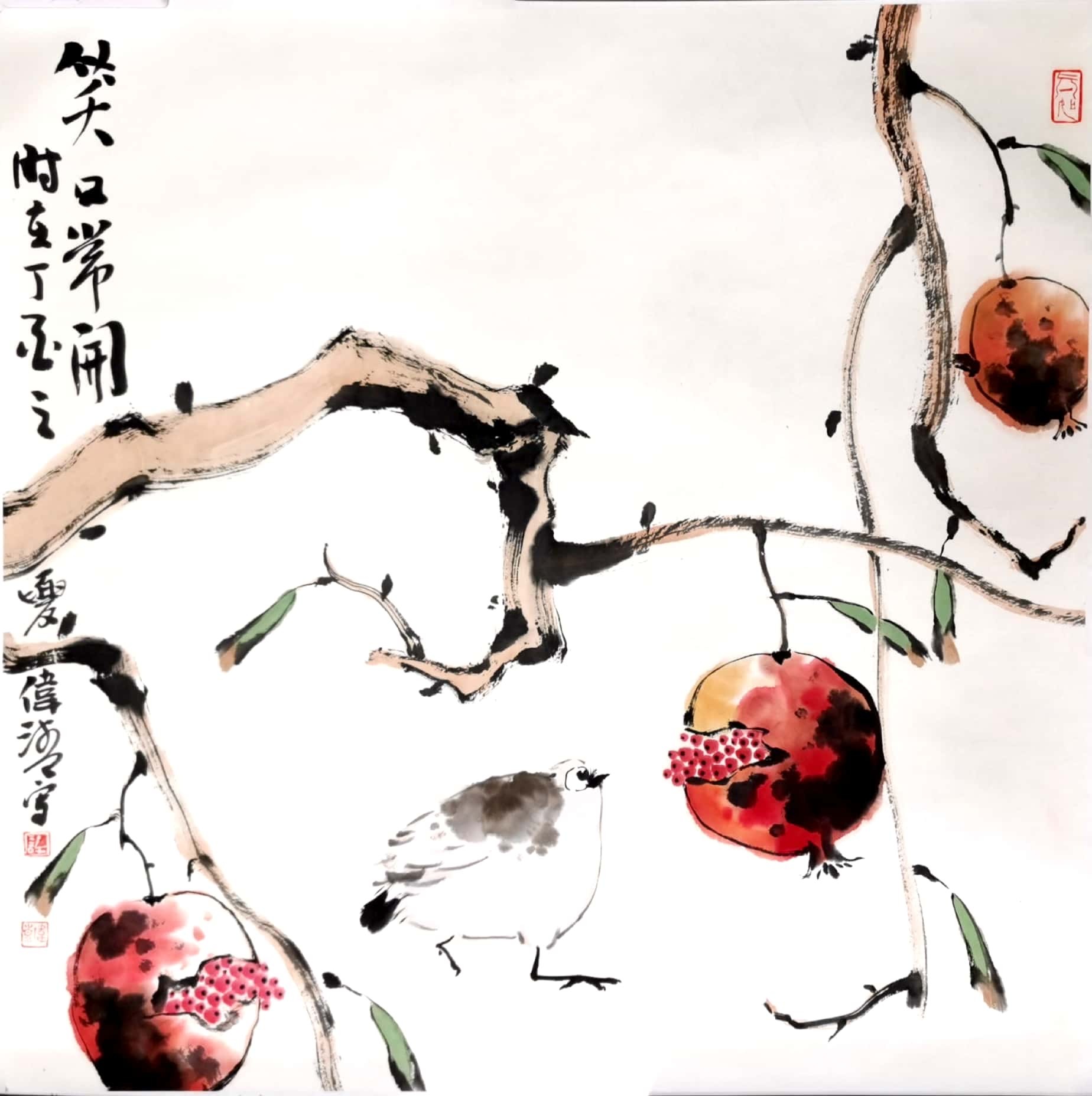 《笑口常开·禅意日常》“笑口常开”四字，是画的魂，也是生活的禅。石榴裂而不碎，籽