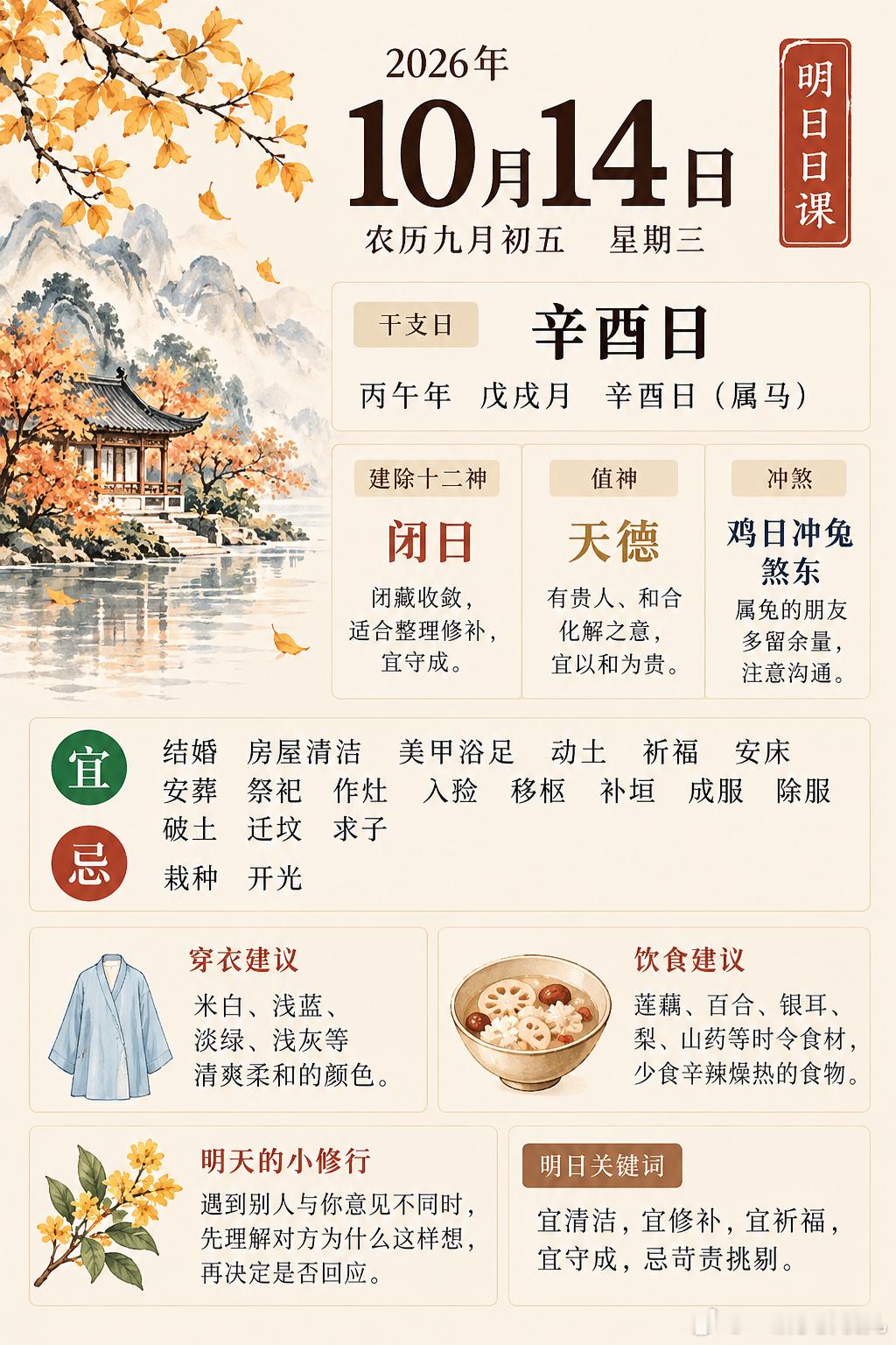 明日日课｜10月14日·辛酉日明日是农历九月初五，丙午年、戊戌月、辛酉日。辛金为
