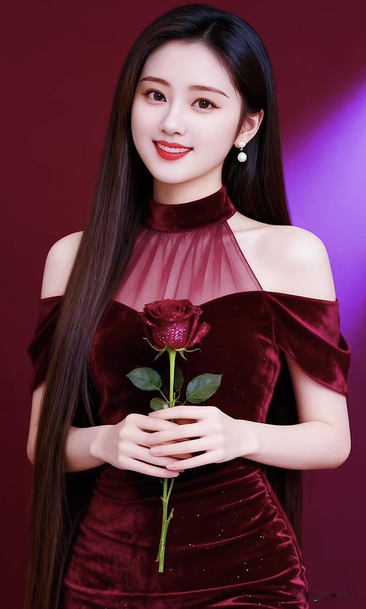 优雅红衣少女，手捧玫瑰，微笑动人红衣花朵红衣女拍照玫瑰红装美女红衣女拍照
