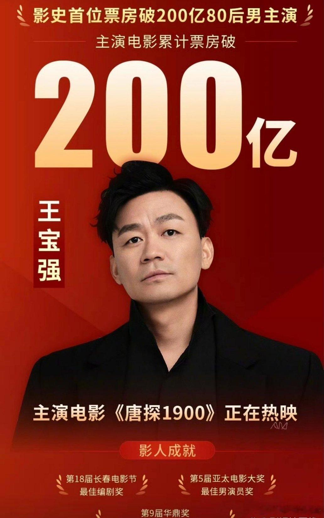 随着《唐探1900》票房破8亿，帮助王宝强主演电影累计票房破200亿，成为中国影