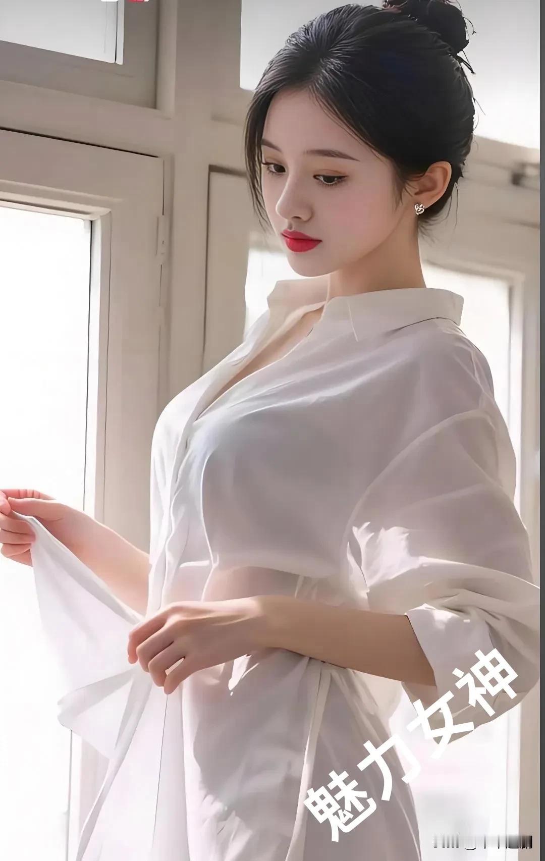 温柔可爱的女生你喜欢吗?晨光透过窗棂，她以一袭白衫演绎优雅与魅惑，每一寸线条都