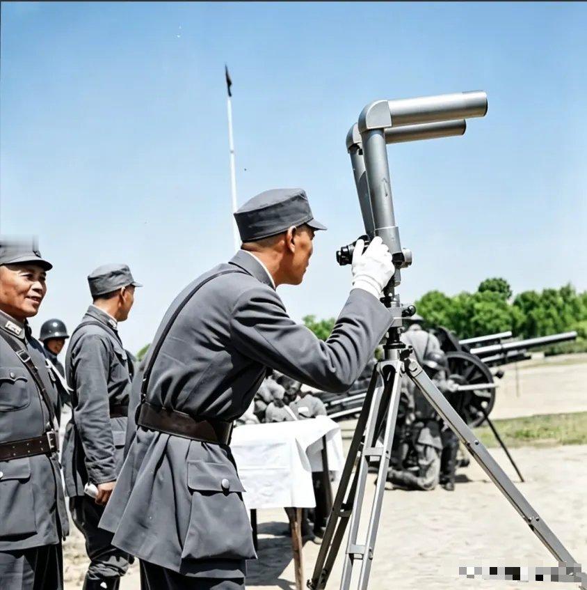 这张照片是蒋中正正在观察炮兵演习。他身着军装，通过一台架设在三脚架上的观测仪器