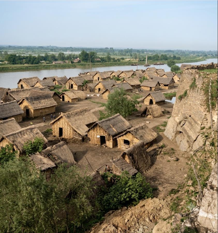 1940年，南京高大夯土砖石墙体下，成片密集搭建低矮茅草屋，房屋以泥土、茅草、简