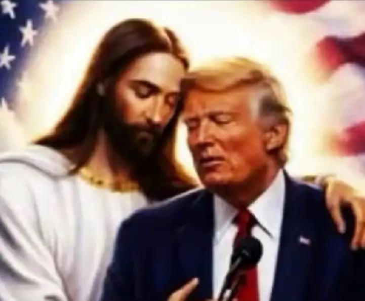 特朗普要玩火自焚。4月15日，特朗普继发出耶稣的图片后，又发了一张耶稣拥抱他