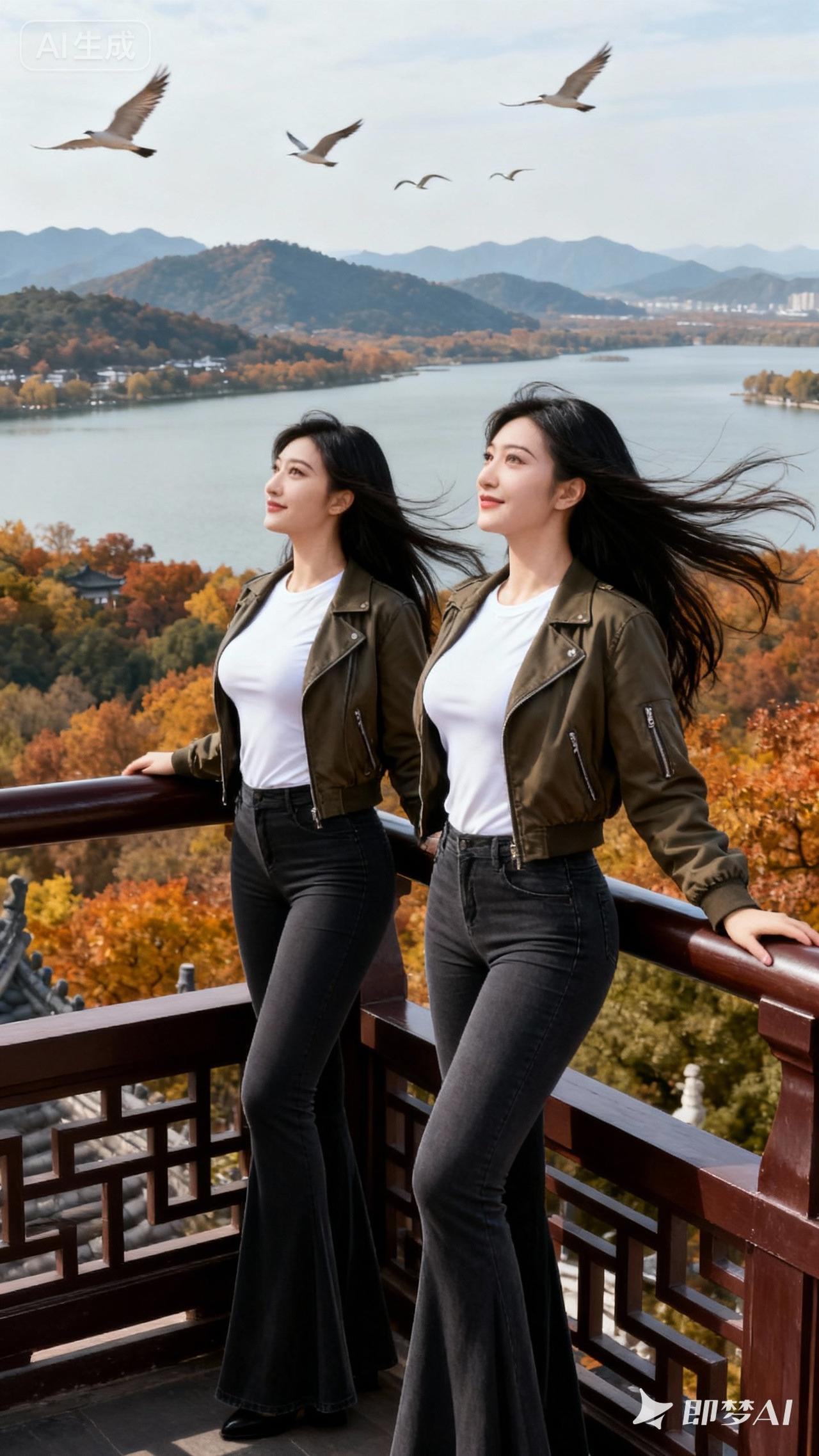 秋日湖畔，姐妹情深，风中飘逸，共享美好时光。🍂💕