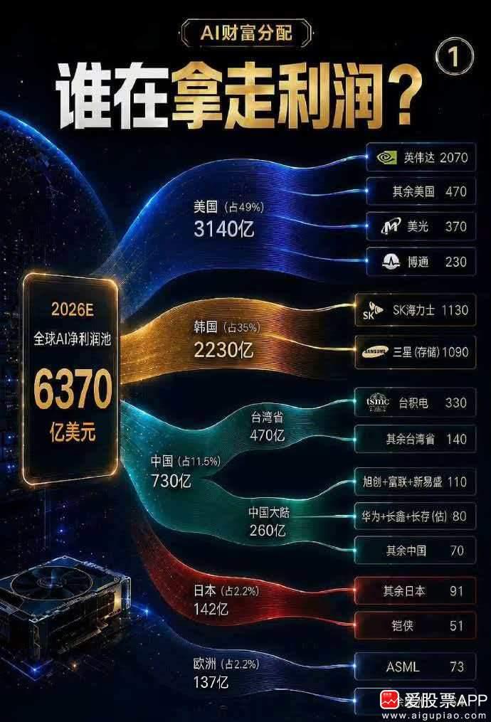 看到一个统计，2026年全球AI利润分配：总共6370亿美元，美国占49%、韩国
