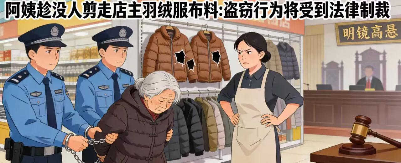 布料神秘失踪案！阿姨趁店主不备，剪走多块羽绒服面料引热议监控视频里，一名中年