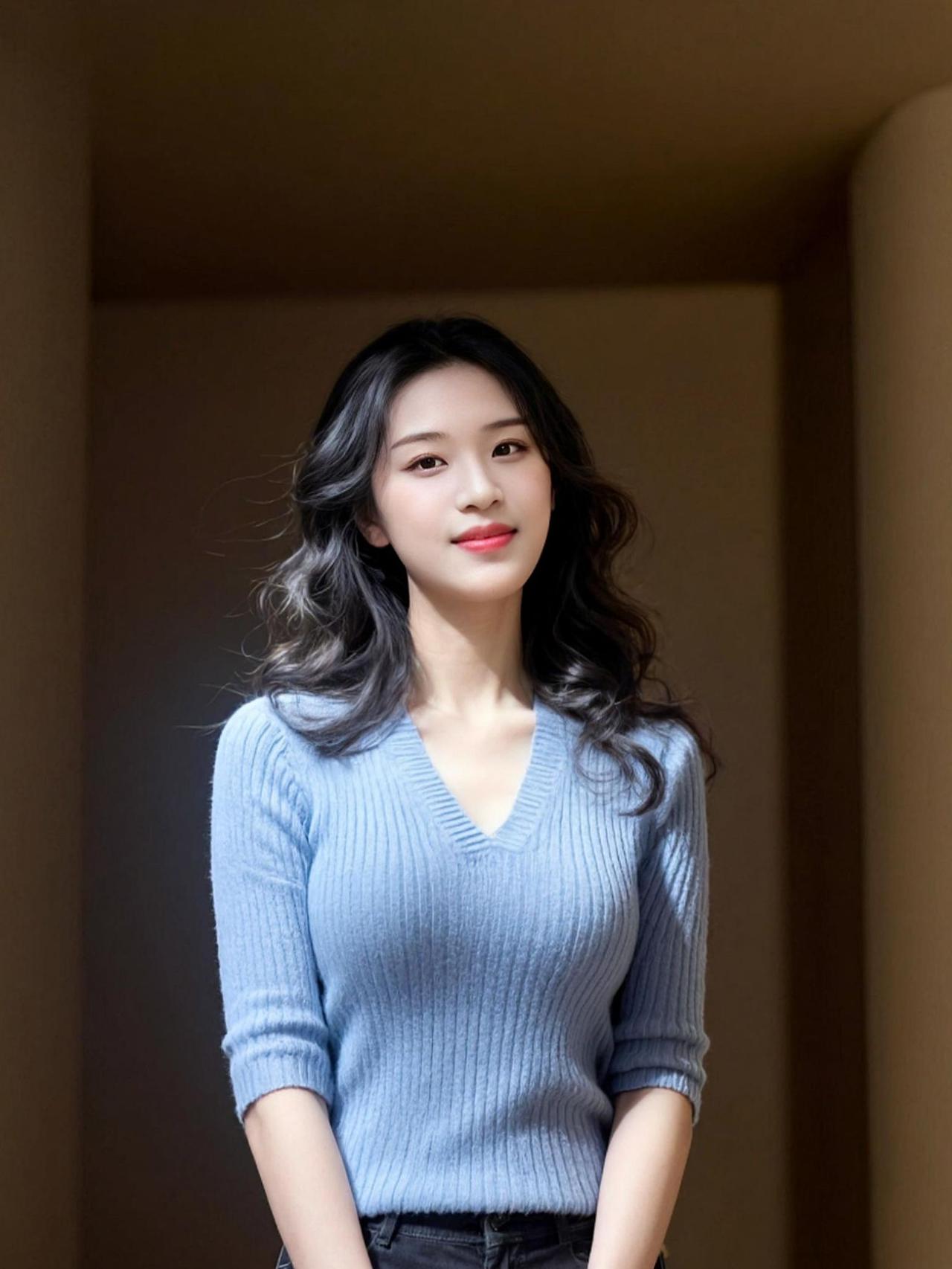 这穿搭简直是“知性”与“港风”的神仙打架！蓝色毛衣温柔得像春风拂面，又带着点复古