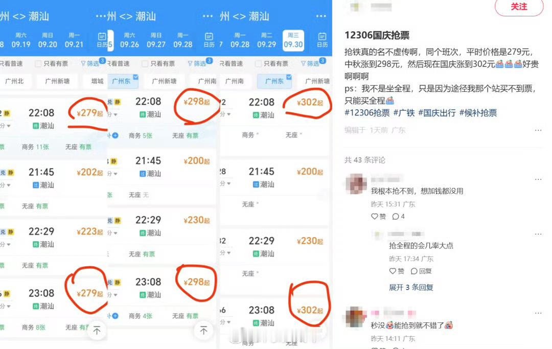 国庆高铁票涨价了【12306回应国庆高铁票价浮动】9月16日，国庆假期前一天