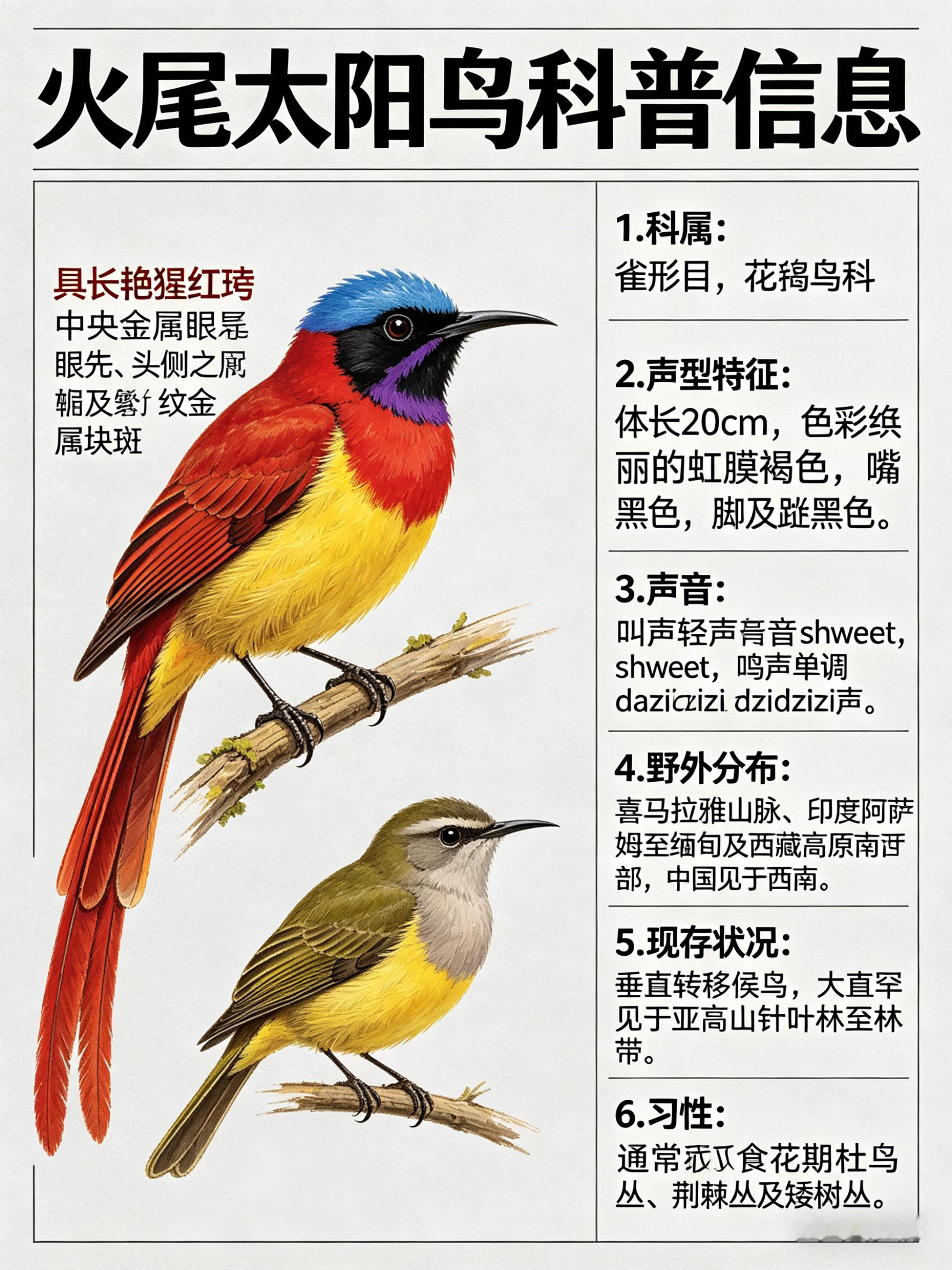 鸟类朋友图鉴火尾太阳鸟·科属：雀形目，花蜜鸟科。·外形特征：体长（20cm）而