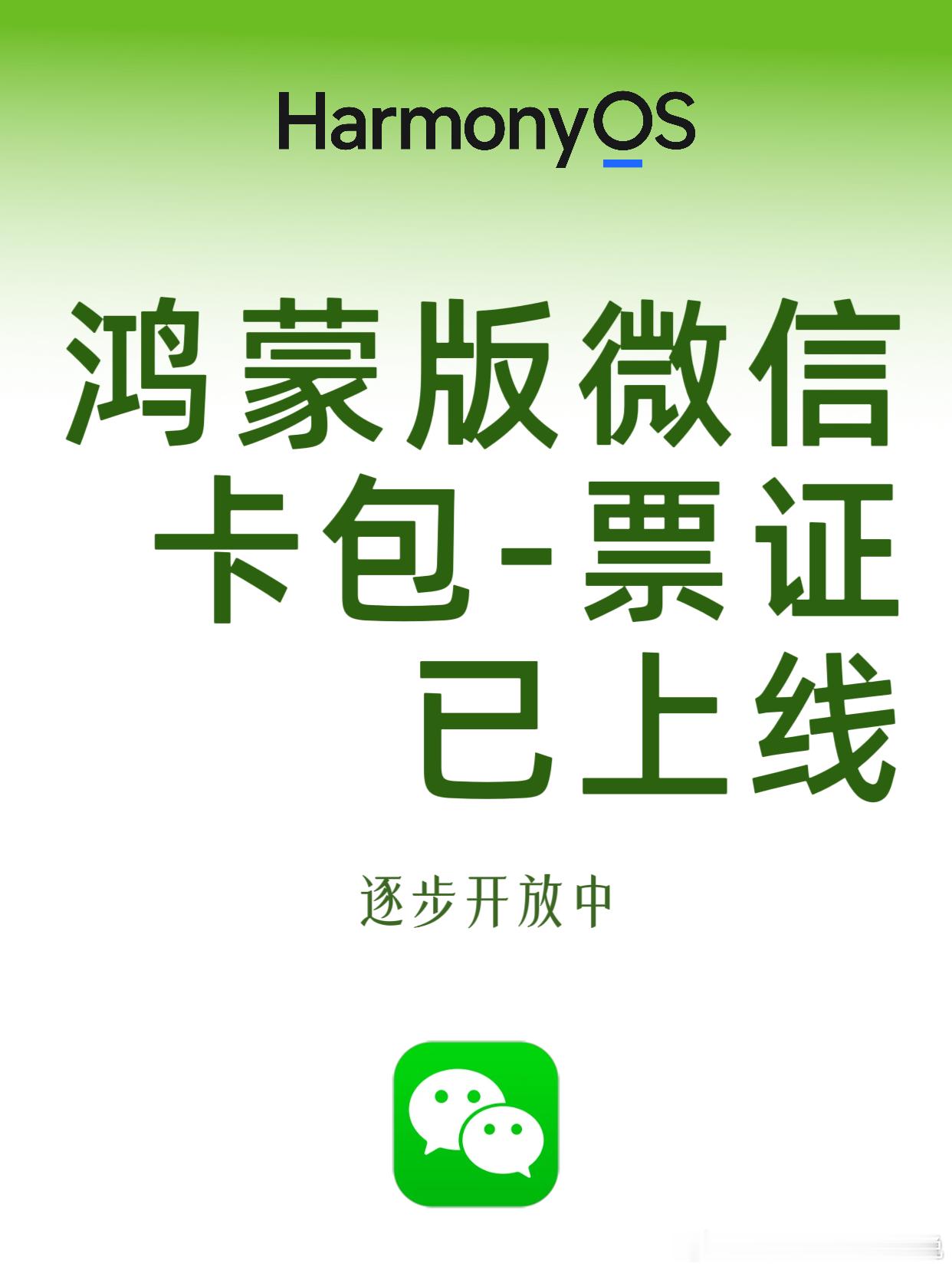 鸿蒙版微信卡包-票证已上线。鸿蒙版微信“卡包”的“票证”功能已经上线了，目前正在