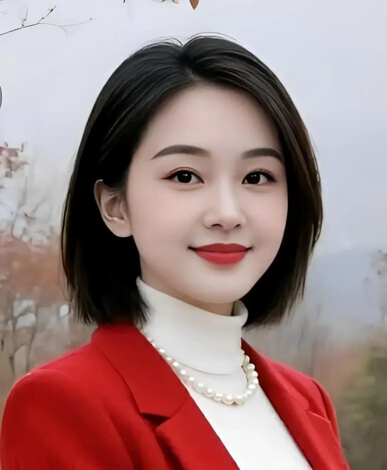 优雅红衣少女，珍珠项链点缀，微笑中散发迷人魅力。