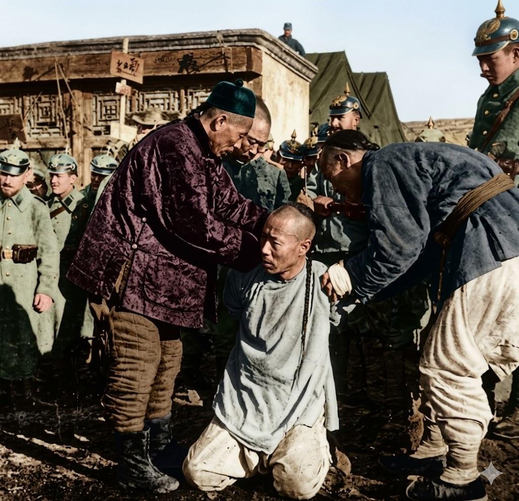 1900年8月，八国联军攻破北京，菜市口刑场被德军接管。镜头里，清廷官员被刽子手