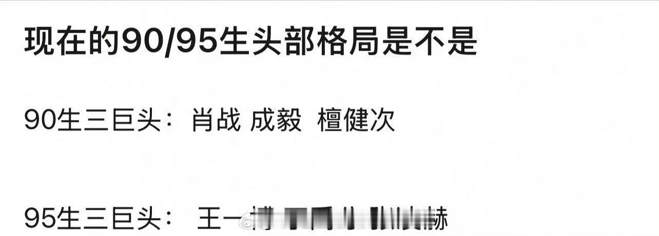 90生95生头部格局，是不是这样？90生三巨头：肖战、成毅、檀健次95生三巨头：