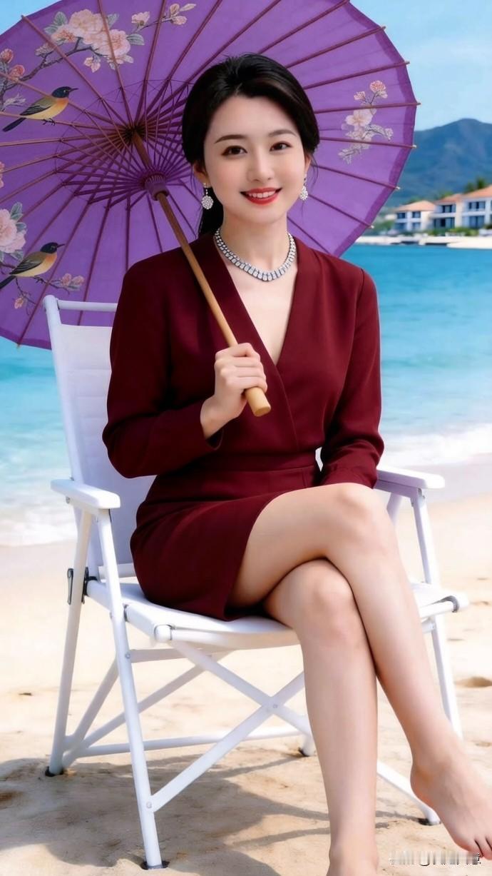 赴一场海边的浪漫之约，酒红短款裙装衬肤又利落，中式花伞揉入温婉古韵。卸下平日匆忙