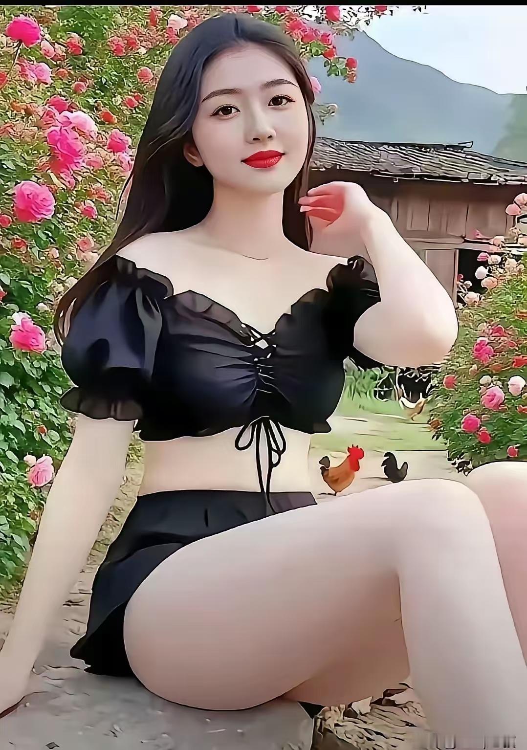 塞鸿秋·乡野花影乡村静美繁花绕，黑裙少女嫣然俏。折痕巧衬身姿妙，蝶结轻系