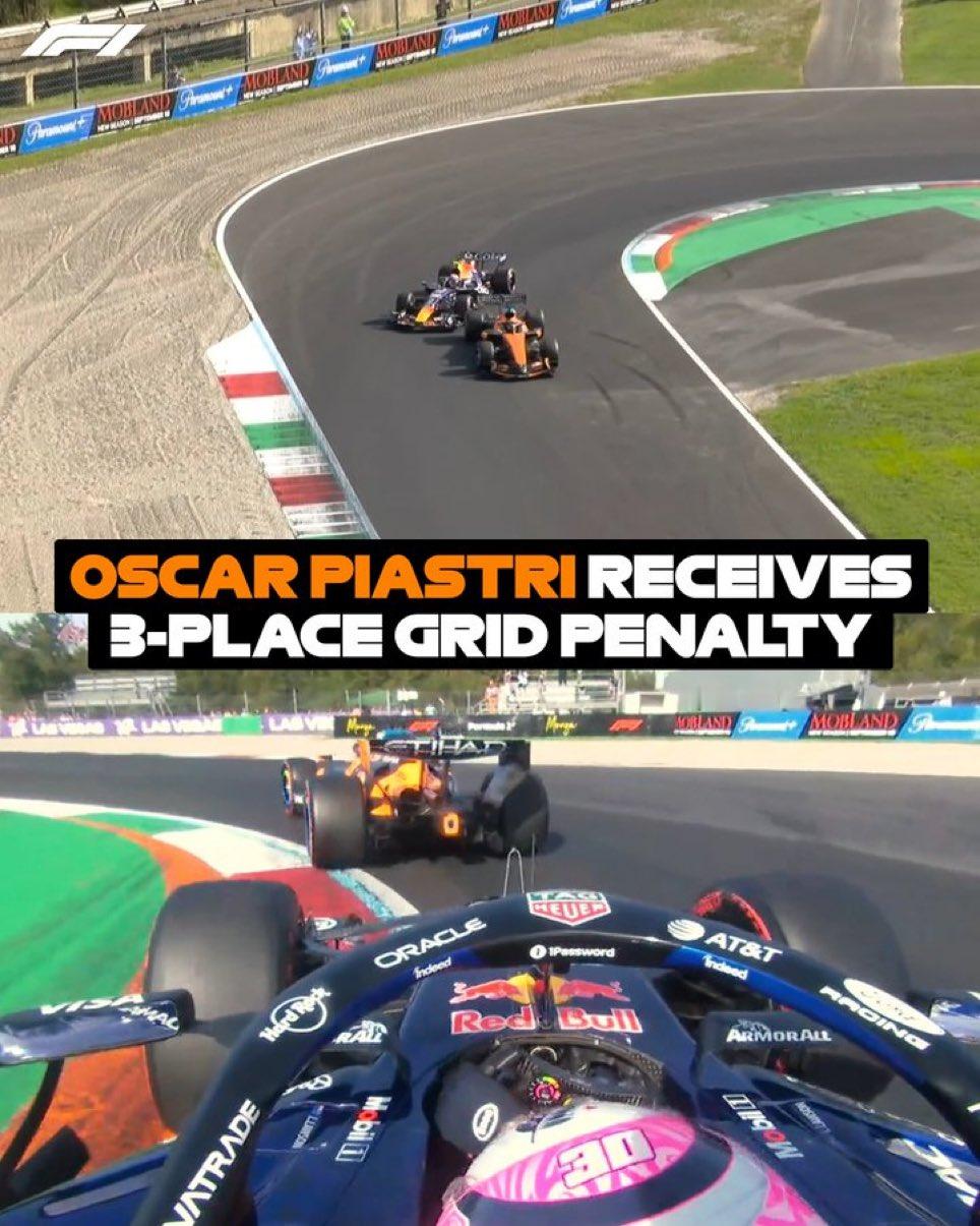 f1🚨皮亚斯特里被罚！皮亚斯特里因为在Q2中阻挡劳森，正赛被罚退后3位发车