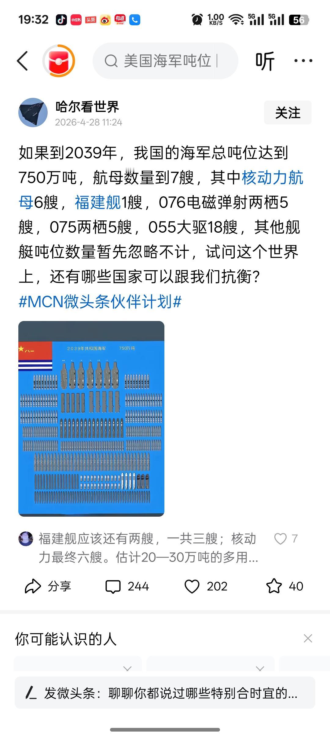 这个网友说到2039年，我国的海军总吨位达到750万吨。然后核动力航母6艘。0