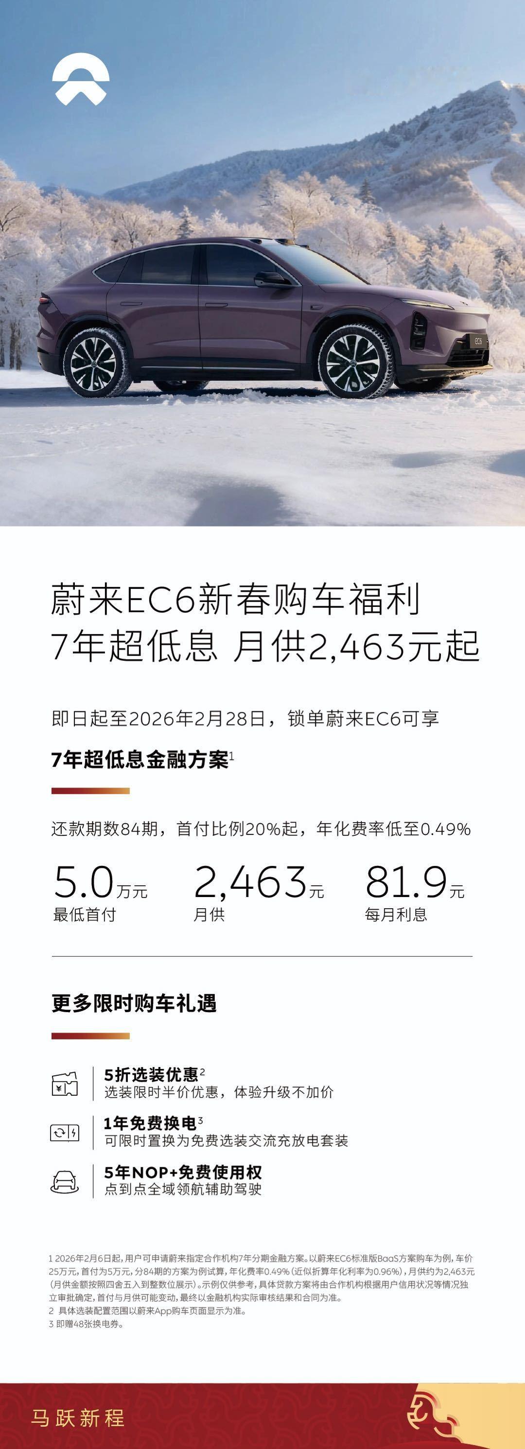 蔚来这个2月限时购车方案力度真挺大啊。7年84期，年费率低至0.49%，算下来月