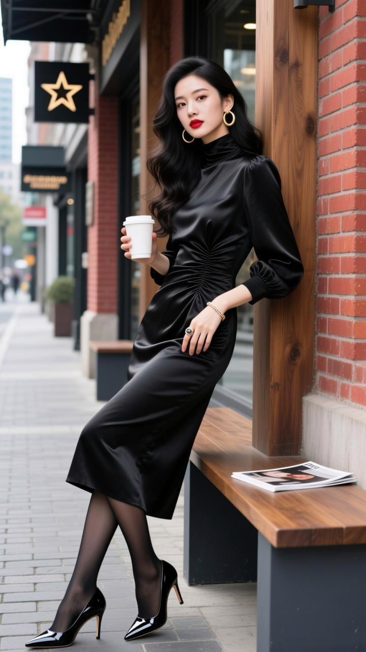 都市时尚女郎，黑裙配红唇，咖啡相伴，优雅迷人。