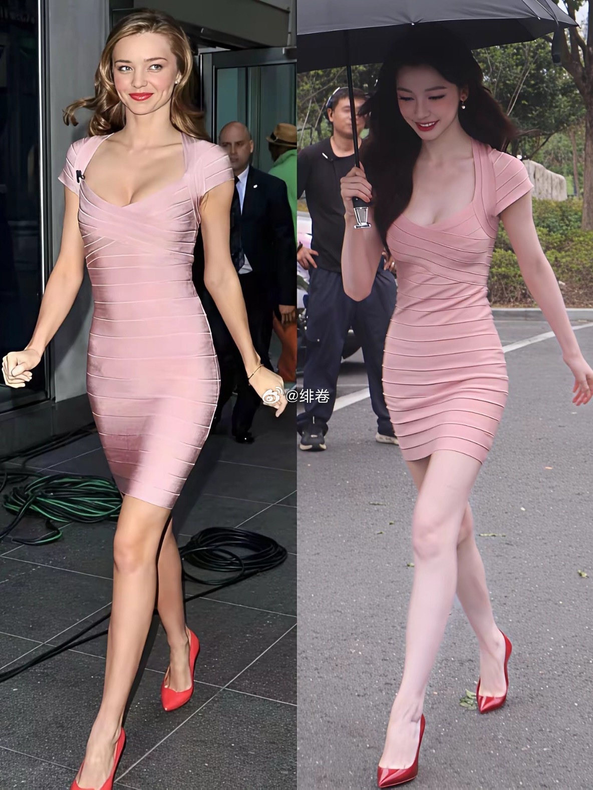 易梦玲&米兰达可儿穿同一套裙子，易梦玲比白人还白，感觉在发光